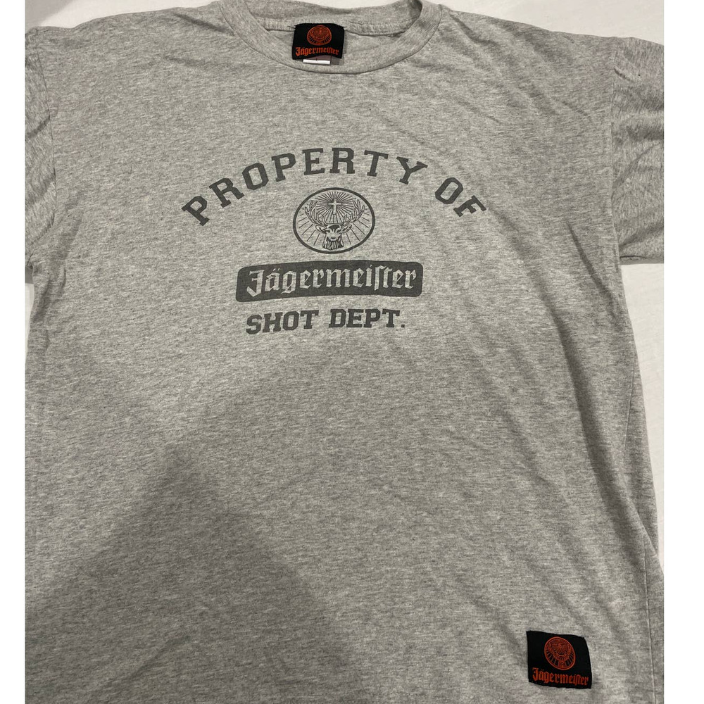 PROPERTY OF JAGERMEISTER SHOT DEPT Men’s T-SHIRT Size L GRAY STAG LOGO Tee